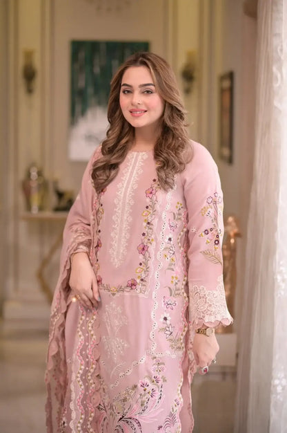 ANEELA'S Luxury Lawn Chicken Kari Collection 2026 | Pink Embroidered 3 Piece Suit