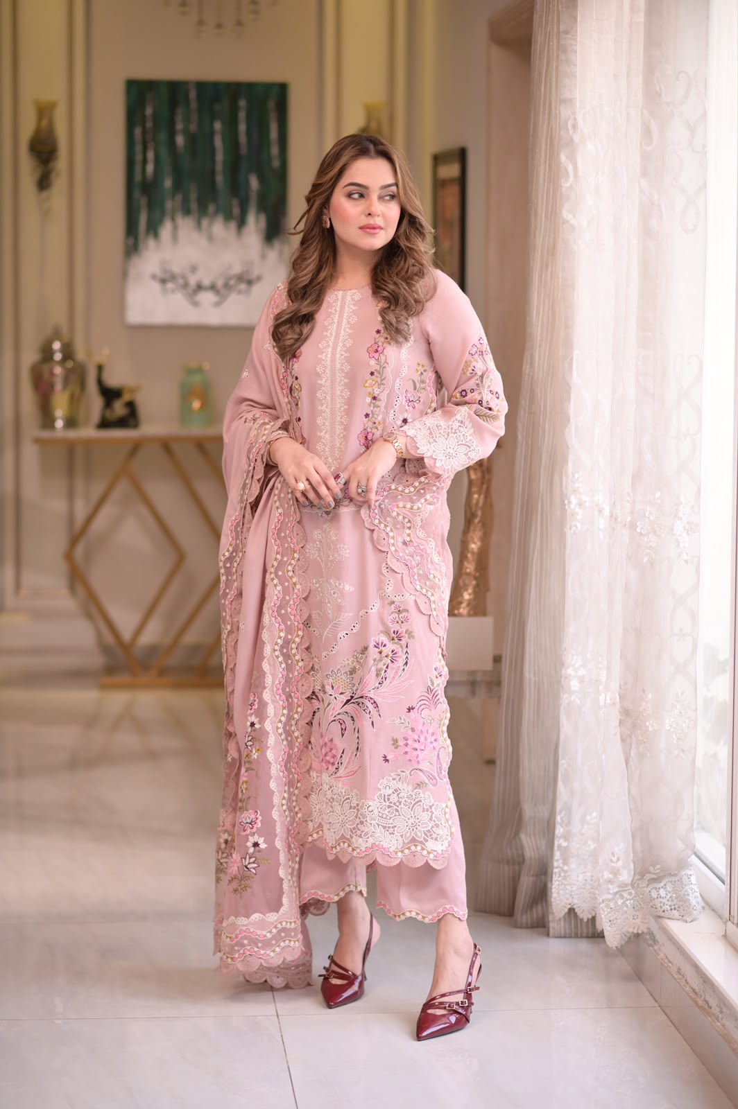 ANEELA'S Luxury Lawn Chicken Kari Collection 2026 | Pink Embroidered 3 Piece Suit