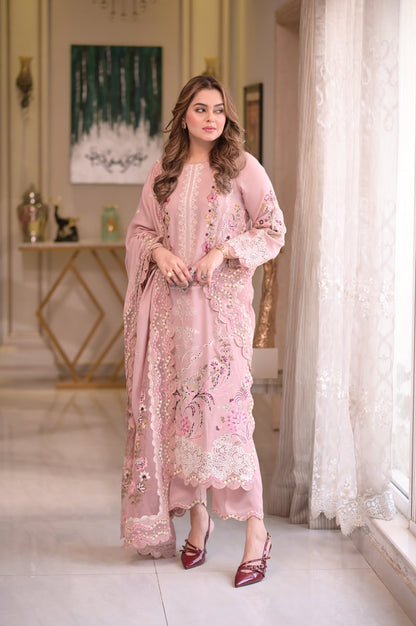 ANEELA'S Luxury Lawn Chicken Kari Collection 2026 | Pink Embroidered 3 Piece Suit