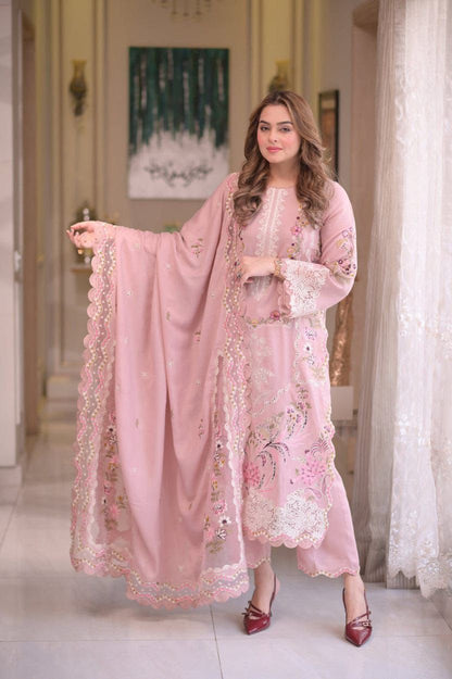 ANEELA'S Luxury Lawn Chicken Kari Collection 2026 | Pink Embroidered 3 Piece Suit