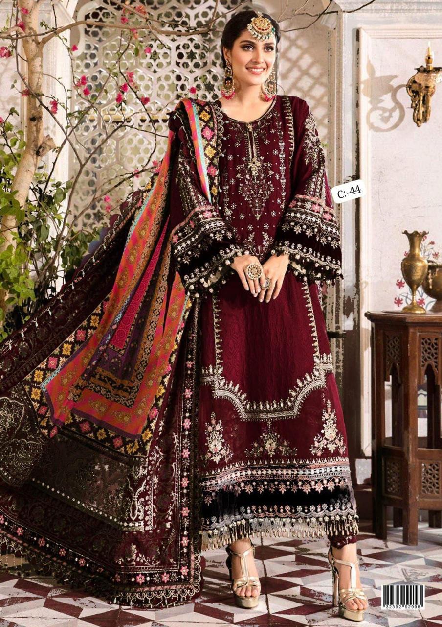 MARIA B Luxury Shiffon Collection | Premium 3 Piece Unstitched Shiffon Suit with Digital Silk Dupatta & Jamawar Trouser