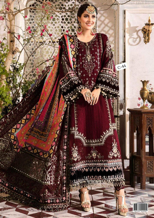 MARIA B Luxury Shiffon Collection | Premium 3 Piece Unstitched Shiffon Suit with Digital Silk Dupatta & Jamawar Trouser