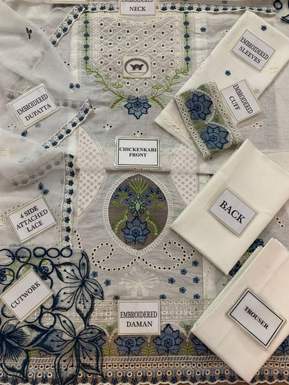 Mahnur Luxury Cotton Lawn 3 Piece Suit | Chikankari Embroidered Lawn Dress with Shiffon Dupatta