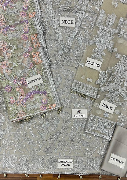 ZARIF Luxury Net Collection | Premium 3 Piece Unstitched Net Suit with Ready-to-Wear Embroidered Dupatta, Sharmoz Silk Inner & Trouser