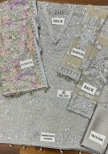 ZARIF Luxury Net Collection | Premium 3 Piece Unstitched Net Suit with Ready-to-Wear Embroidered Dupatta, Sharmoz Silk Inner & Trouser